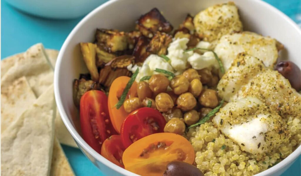 Catfish & Eggplant Mediterranean Quinoa Bowl