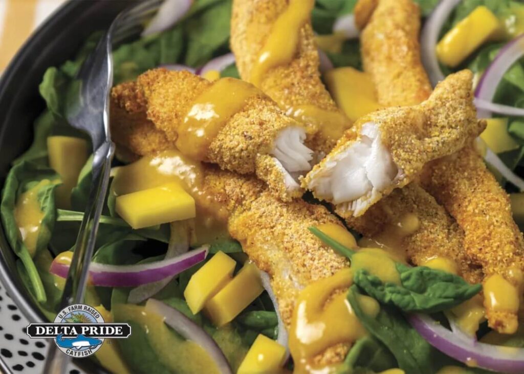 Spinach & Mango Salad with Air-Fried Catfish Strips